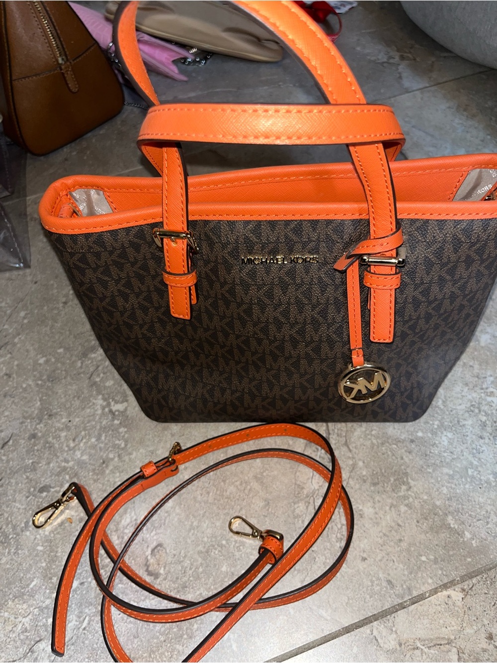 Michael Kors Brown MK Monogram Tote with Orange Trim and Strap